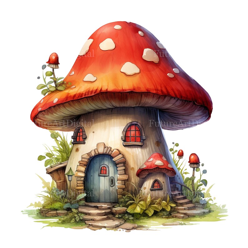 Set of 8 Watercolor Mushroom House Digital Clipart, Mushroom Fairy ...