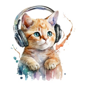 Watercolor Kitten with Headphones PNG, Kitten Sublimation Wall art, Kitten with Headphones Digital Clipart