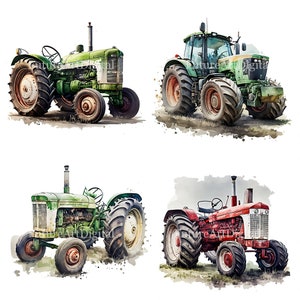 May include: Four vintage tractors in a watercolor style. Two green tractors, one red tractor, and one larger green tractor with a cab.