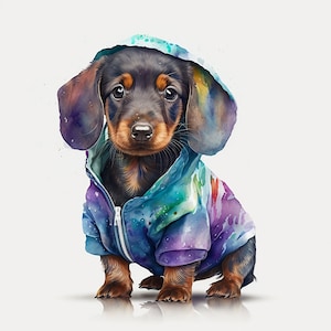 Aquarell Dackel Welpen Sublimation PNG, Dackel Welpe in Jacke digitale Clipart, lustige Welpe Wand-Dekor digitaler Download