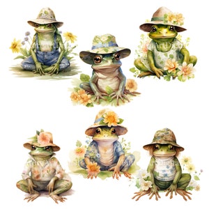 Aquarelle grenouille vêtue d'une robe avec des fleurs Digital Clipart, sublimation PNG de grenouille dans un chapeau, art mural imprimable déguisé de grenouille