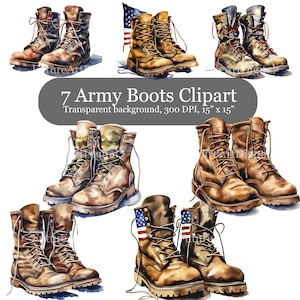 May include: Seven watercolor illustrations of army boots. The boots are in various styles and colors, including brown, green, and camouflage. Some boots have laces, while others have buckles. The boots are all set against a white background.