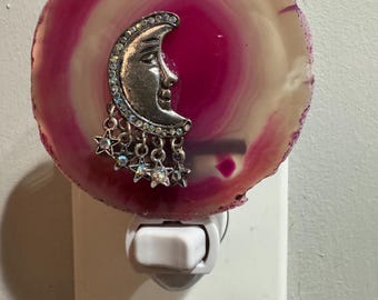 Agate Night Light, Silver Moon and Stars, Nursery Decor