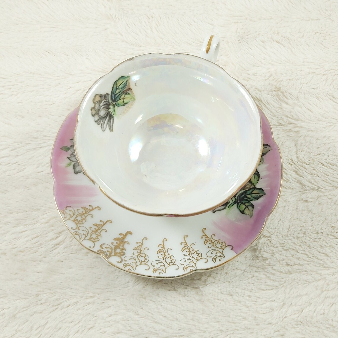 L'AMOUR CHINA Tea Cup and Saucer Iridescent Pink Floral Etsy
