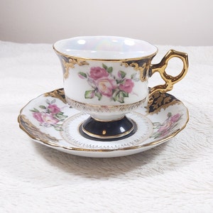 Black Shafford teacup and saucer, Vintage Japanese tea cup and saucer