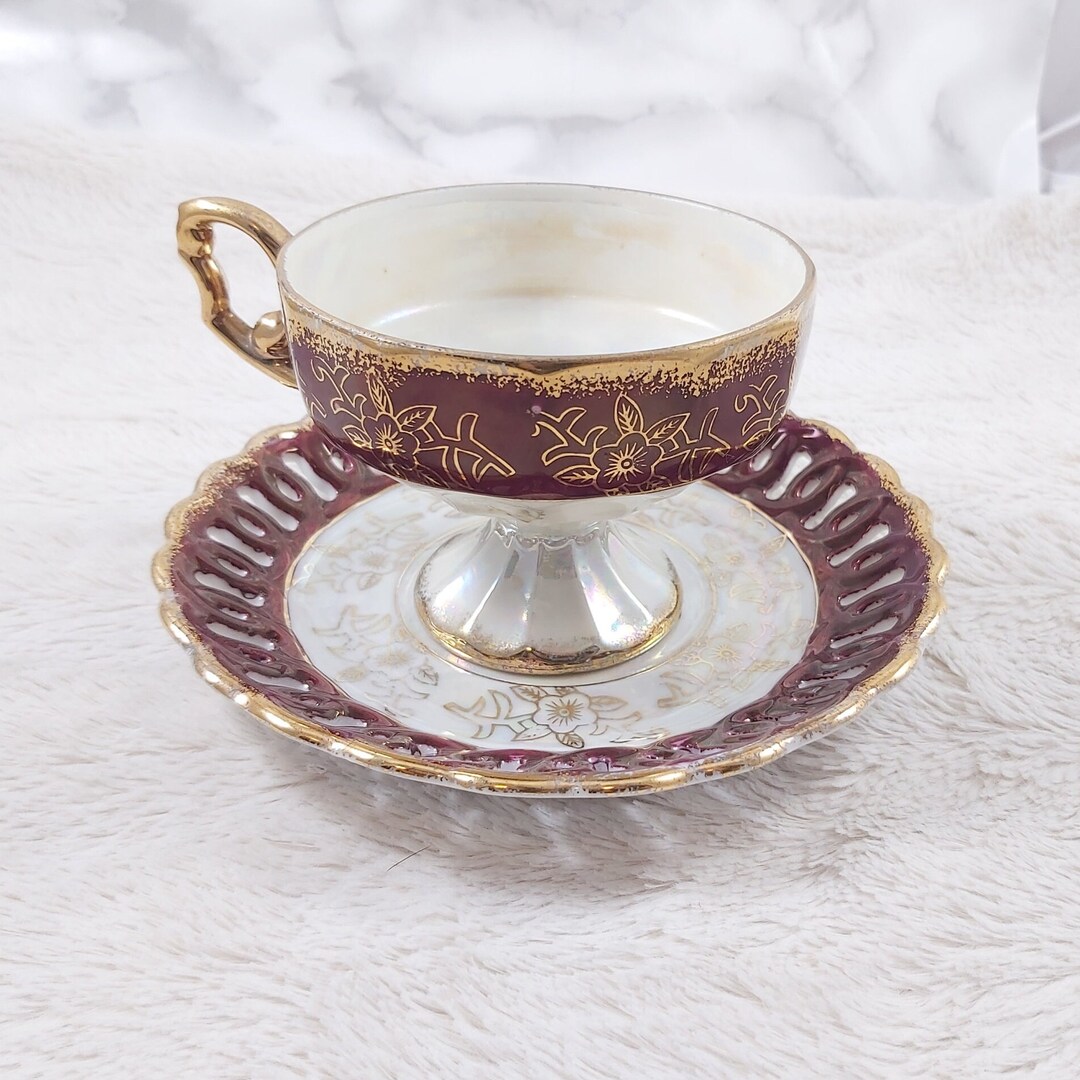 Footed Japanese Teacup and Saucer, Iridescent Tea Set