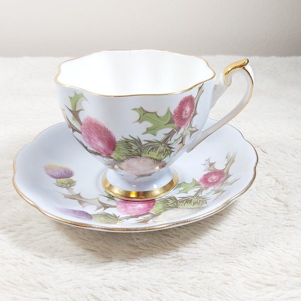 Vintage Queen Anne Violet Thistle Teacup and saucer, Fine Bone china England