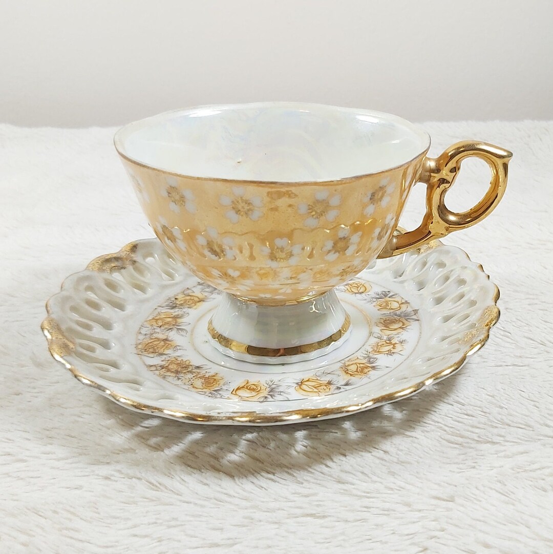 Mismatched Japanese Teacup and Saucer, Iridescent Floral Footed Tea Cup