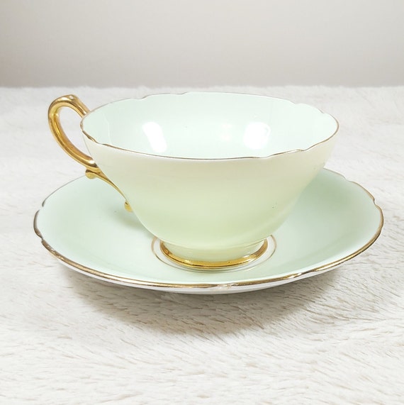 STANLEY Bone China Teacup and Saucer, Mint Green and Yellow Fine