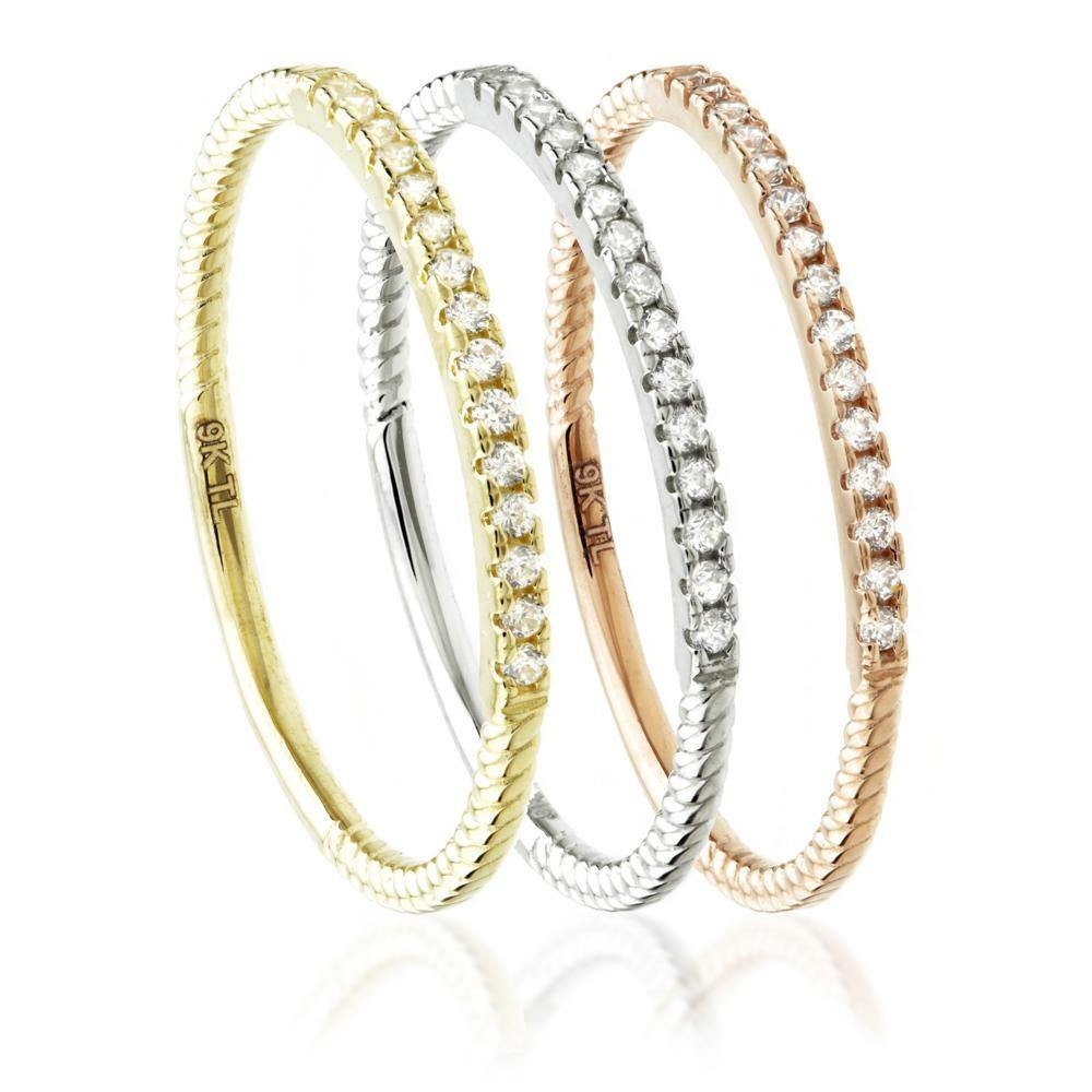 Triple Stack Rings 9ct Gold Crystal Triple Stacking Ring Set (3 Rings) - Yellow Gold ...