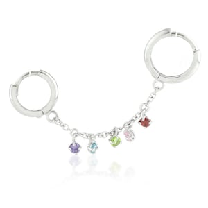 Sterling Silver Double Piercing Rainbow CZ Huggie Hoop Earring