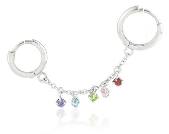 Argent Sterling Double Piercing Rainbow CZ Huggie Hoop Boucle d’oreille