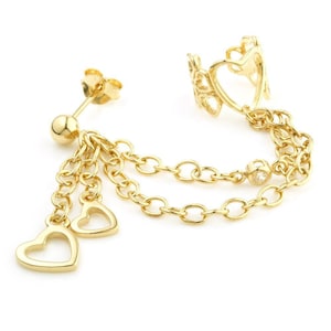 Gold Vermeil Ball Stud & Heart Chain Ear Cuff