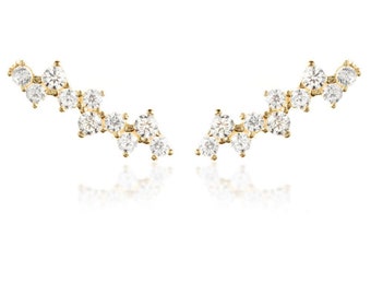 9ct Solid Gold Multi Double Gem Ear Climber Earrings Studs