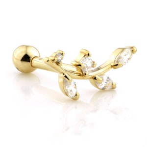 9ct Gold Curved Leaf Cartilage Bar Earring