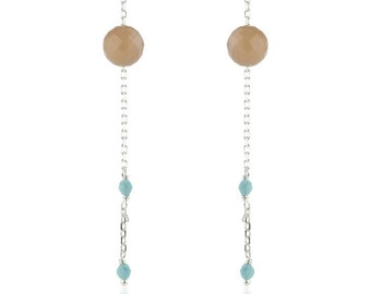 Maia Silver Peach Moonstone & Turquoise Threader Dangle Earrings Jewellery Jewelry Gift