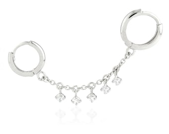 Sterling Silver Double Piercing CZ Huggie Hoop Earring