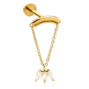 14ct Gold Hanging Chain with Triple Marquise Gem Labret Internal Thread Cartilage Earring