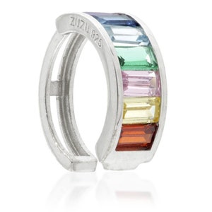 Sterling Silver Rectangular Rainbow CZ Gem Ear Cuff Multicoloured
