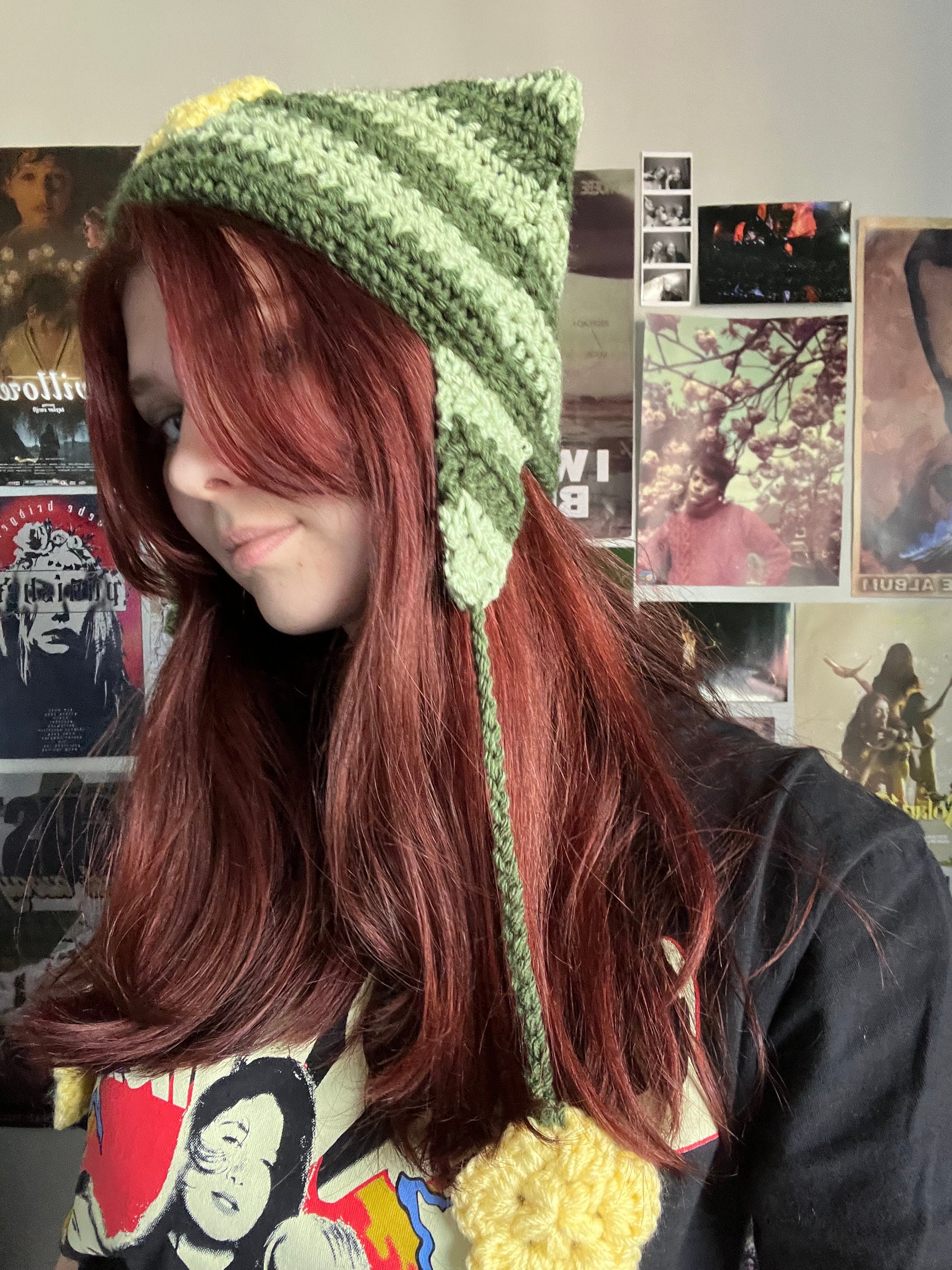 Green Yellow Beabadoobee Inspired Crochet Cat Beanie With Etsy