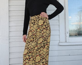 Vintage Golden Silk with Green Beige Floral Embroidery Full Length Maxi Skirt Embroidered Silk Hostess Skirt