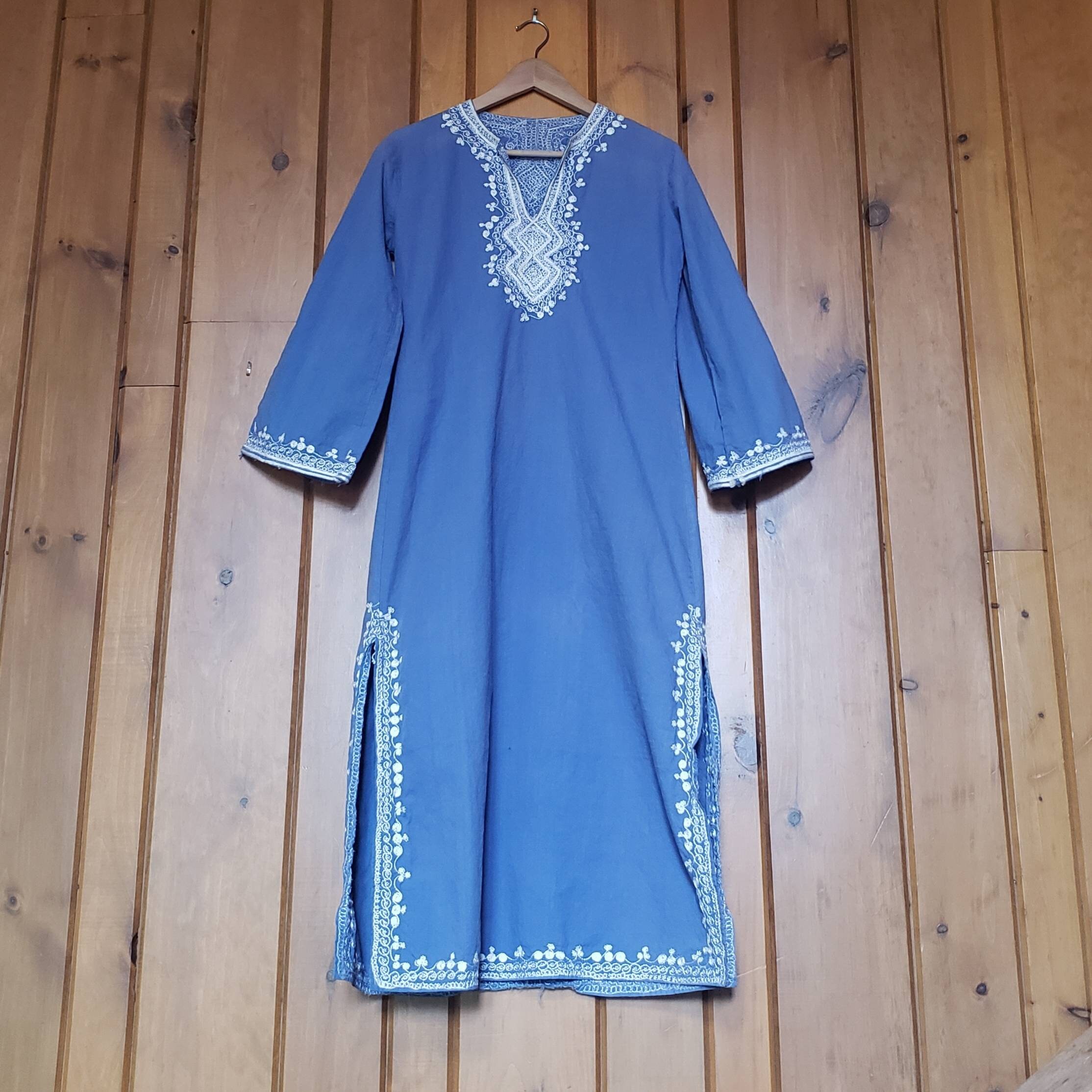 Vintage Blue Embroidered Long Sleeve Kurta // Women's Midi Dress Tunic