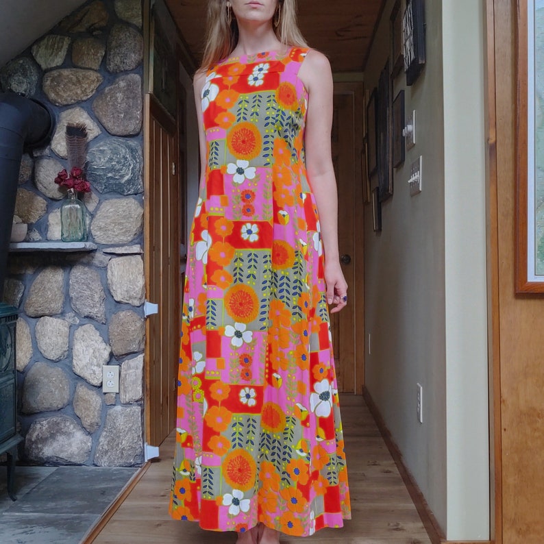 Vintage 60s Hawaiian Floral Maxi Dress // Handmade Funky Psychedelic ...