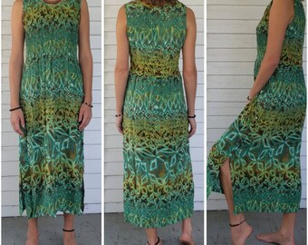 Vintage 90s Hawaiian Print Tank  Dress // Green Long Boho Psychedelic Beach Sundress