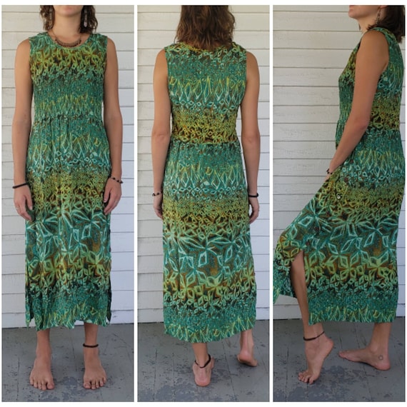 Vintage 90s Hawaiian Print Tank  Dress // Green L… - image 1