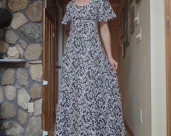 Vintage Handmade Extra Tall Floral Black & White Floor Length Gown