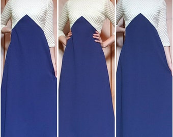 Vintage 60s Handmade Formal Gown // Blue & White Mesh Knit Long Sleeve Maxi Dress