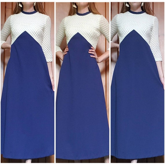 Vintage 60s Handmade Formal Gown // Blue & White … - image 1