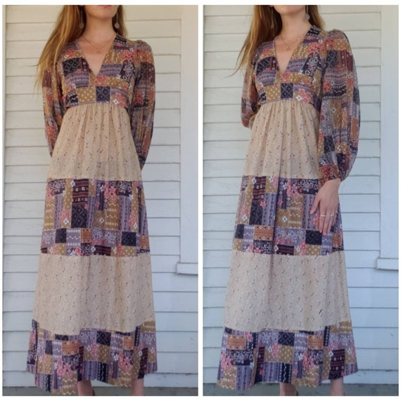Vintage 70s Handmade Poet Sleeve Maxi Dress Patchw