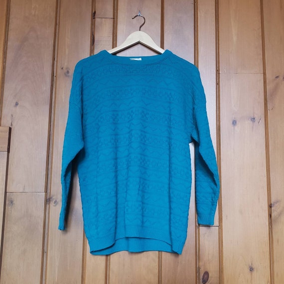 Vintage 80s Teal Knit Pullover Sweater - image 2