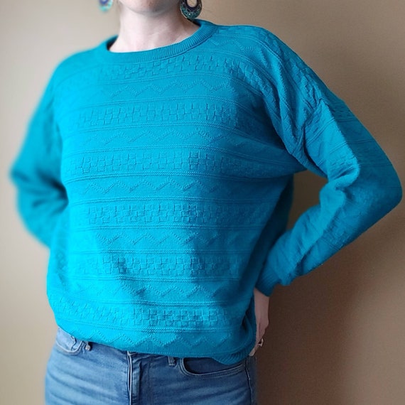Vintage 80s Teal Knit Pullover Sweater - image 1