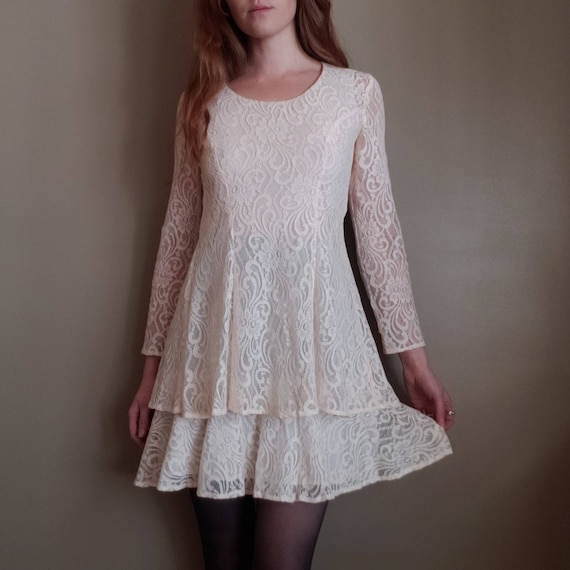 Vintage 70s Lace Flapper Style Long Sleeve Tiered Mini Dress