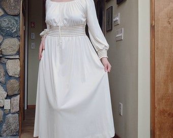 Vintage 70s Off Shoulder Goddess Maxi Dress w Gold Stitching Detail and Bishop Sleeves