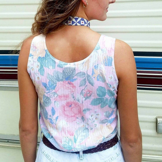 Vintage 90s Pastel Floral Ribbed Tank // Vintage … - image 2