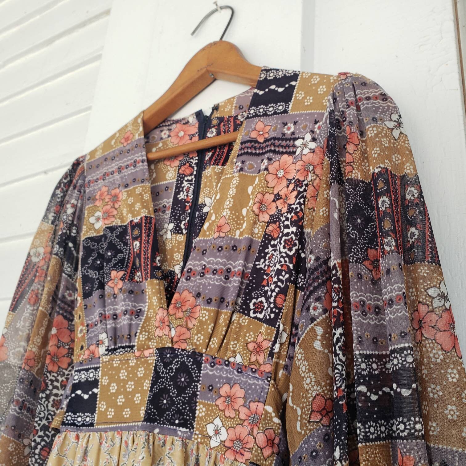 Vintage 70s Handmade Poet Sleeve Maxi Dress Patchwork Design | Etsy