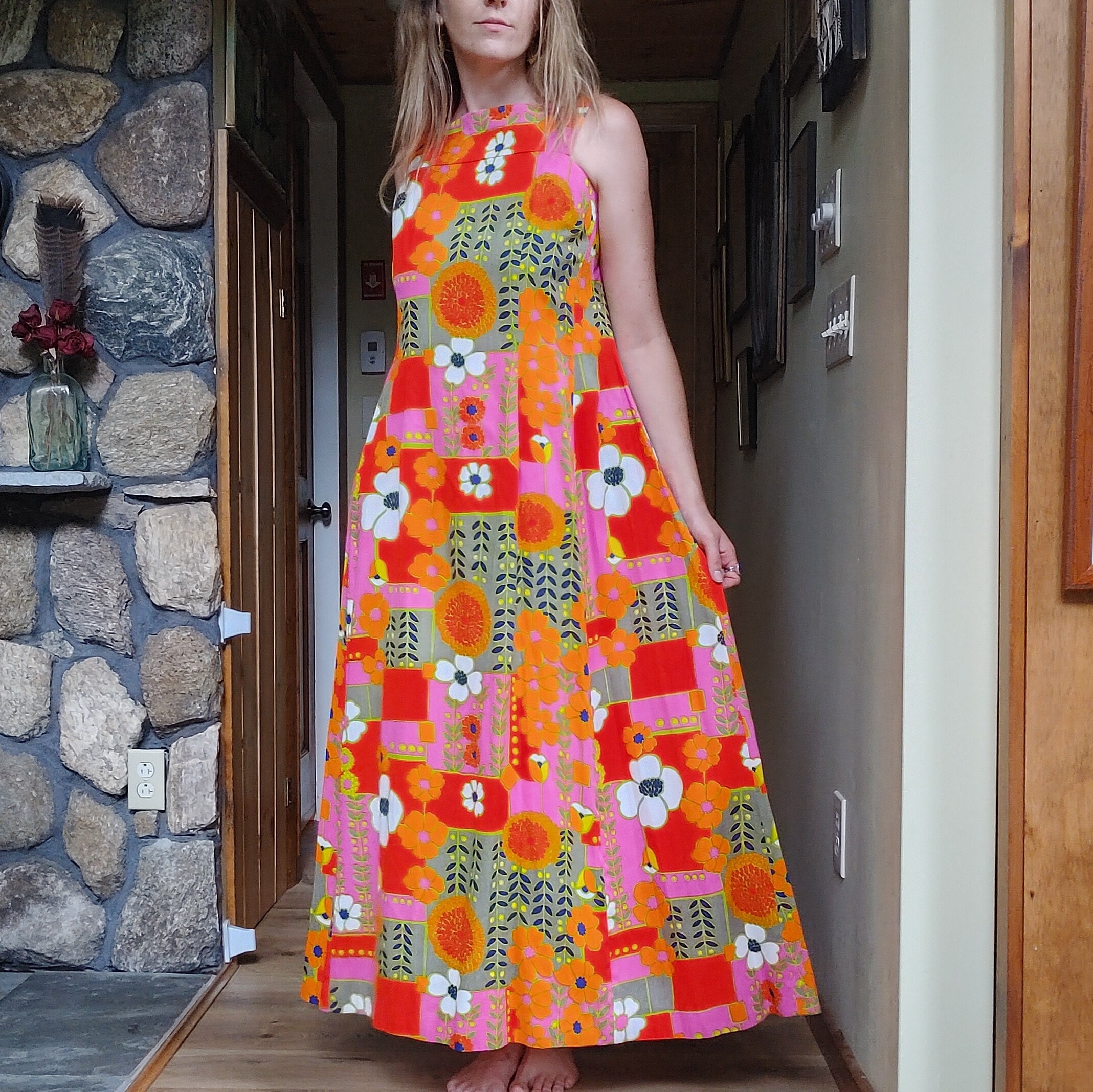 Vintage 60s Hawaiian Floral Maxi Dress // Handmade Funky Psychedelic ...