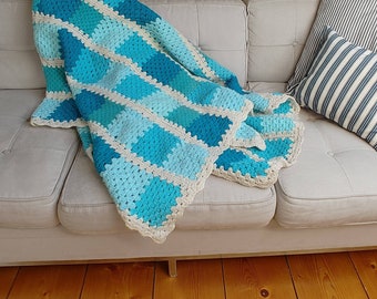 Vintage 70s Granny Square Afghan // Blue Handmade Crochet Throw Blanket