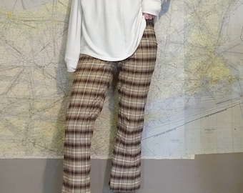 Vintage 70s Brown Plaid Hunter Sportswear Cropped Pants // High Waist Petite Rocker Lightweight Earth Tone Trousers