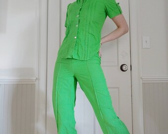 Vintage 60s Handmade Green Polka Dot Matching Set // Mod Style Buttoned Shirt and Slacks