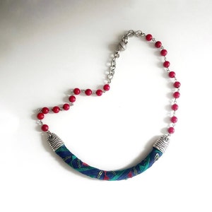 ethnic fabric jewelry, ethnic fabric necklace, gemstone beaded necklace, red coral necklace, coral jewelry, african necklace