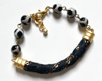 ethnic fabric bracelet, tibetan agate bracelet,bracelet boho,tibetan agate beads,ethnic jewelry,black agate jewelry,thin rope bracelet