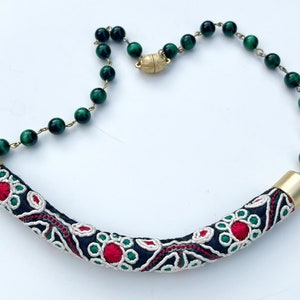 ethnic jewelry, gemstone beaded necklace, fabric necklace, necklace gemstone, embroidered necklace, tigers eye jewelry, statetment necklace