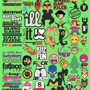 May include: A green background with a variety of colourful stickers. The stickers feature various designs, including cartoon characters, skulls, cars, and text. Some of the text includes "JDM", "Keep Drifting Fun", "Wheel Gap Kills", "Haters Outside", and "You Lose Get Lost".