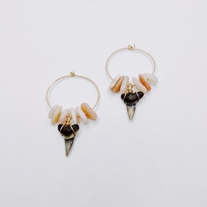 24k gold filled dainty shark tooth hoop earrings with gemstone chips image 2