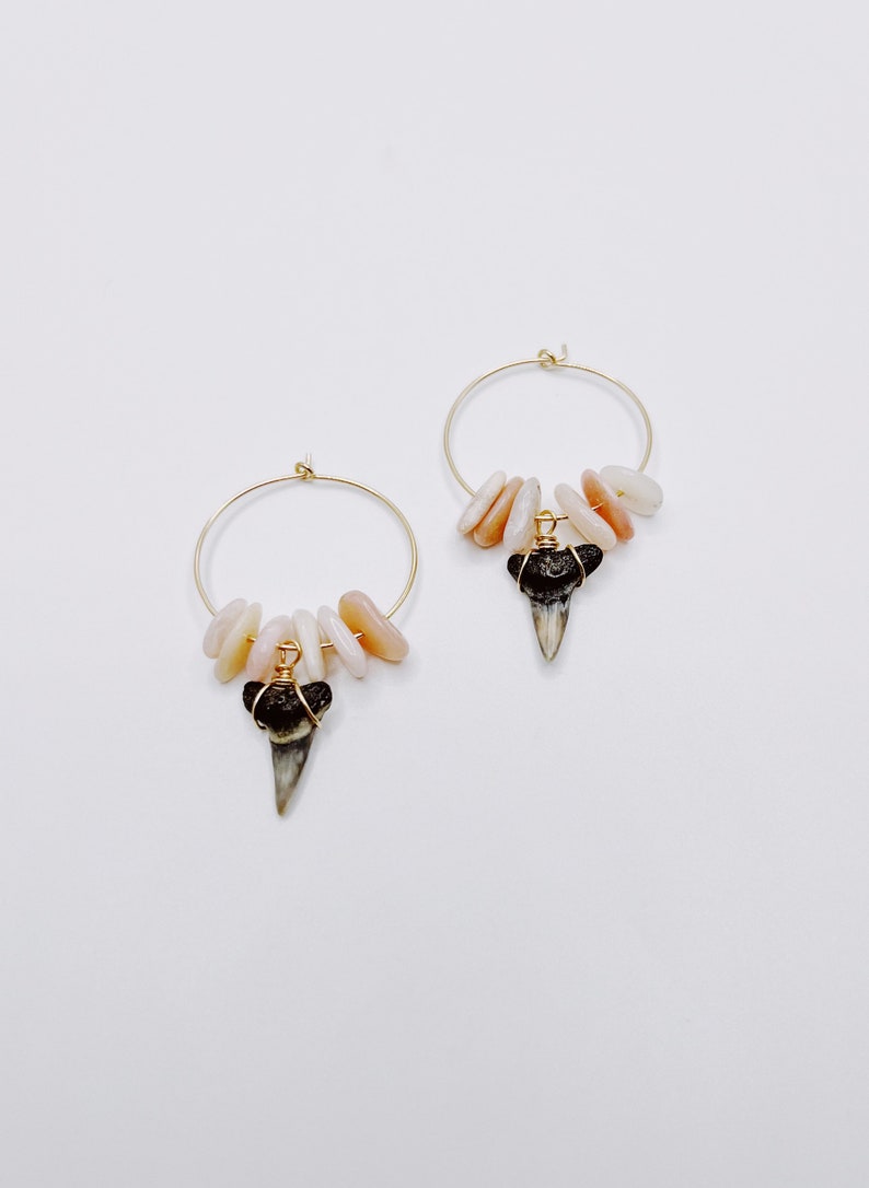 24k gold filled dainty shark tooth hoop earrings with gemstone chips image 2