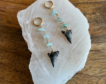 dainty shark tooth hoop earrings with gemstone chip chain link